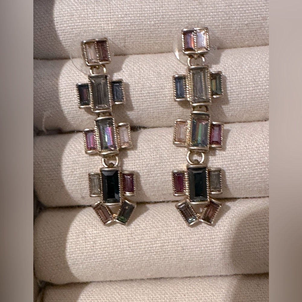 The multi-colored Hatley baguette Stella & Dot earrings.